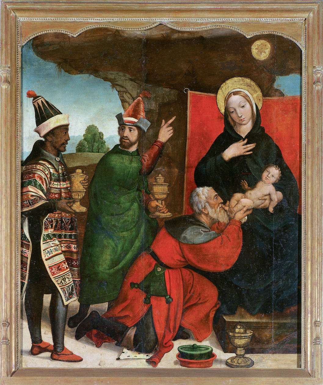 Adoracja Trzech Króli - Comontes, Francisco de (aktywny 1524-1565) - 1535-1540 - Olej na drewnie - 129x103 - Museo de Bellas Artes, Salamanca autorstwa Francisco de Comontes