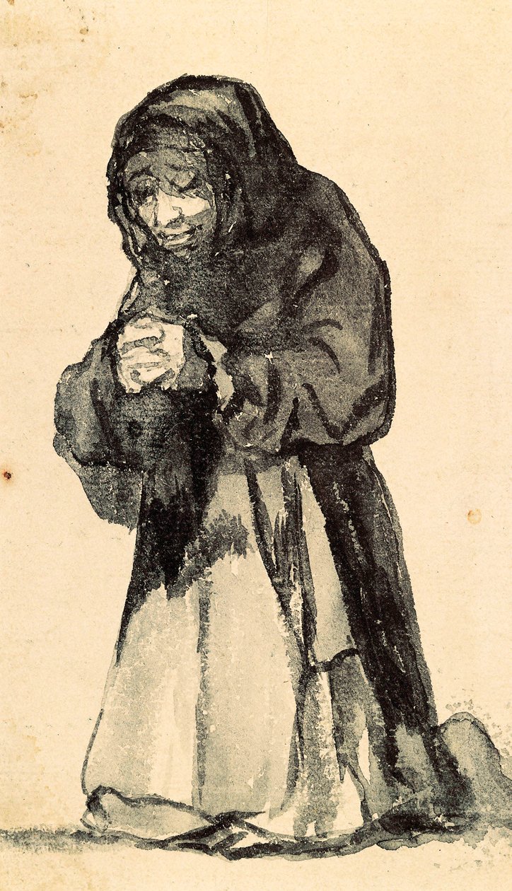 Stara kobieta klęcząca do modlitwy, pocz. XIX w. (rysunek) autorstwa Francisco de Goya
