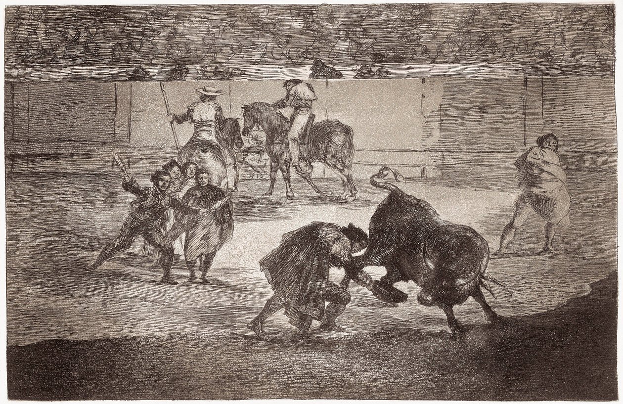 Walka byków: torreador wchodzi na arenę, aby zabić byka czapką zamiast mulety autorstwa Francisco de Goya
