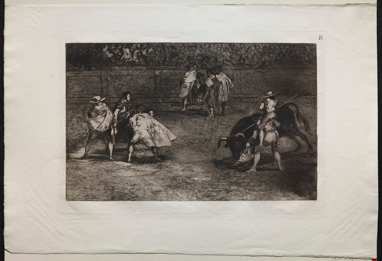 Walki byków: torreador zamontowany na barkach asystenta, przebijanie byka, 1876. autorstwa Francisco de Goya