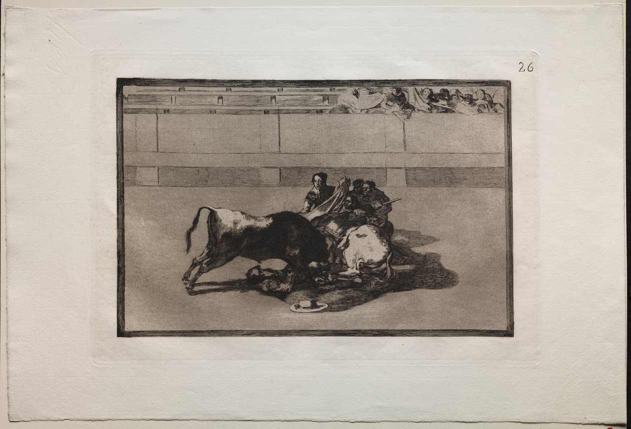Walki byków: Picador jest bez konia i spada pod bykiem autorstwa Francisco de Goya