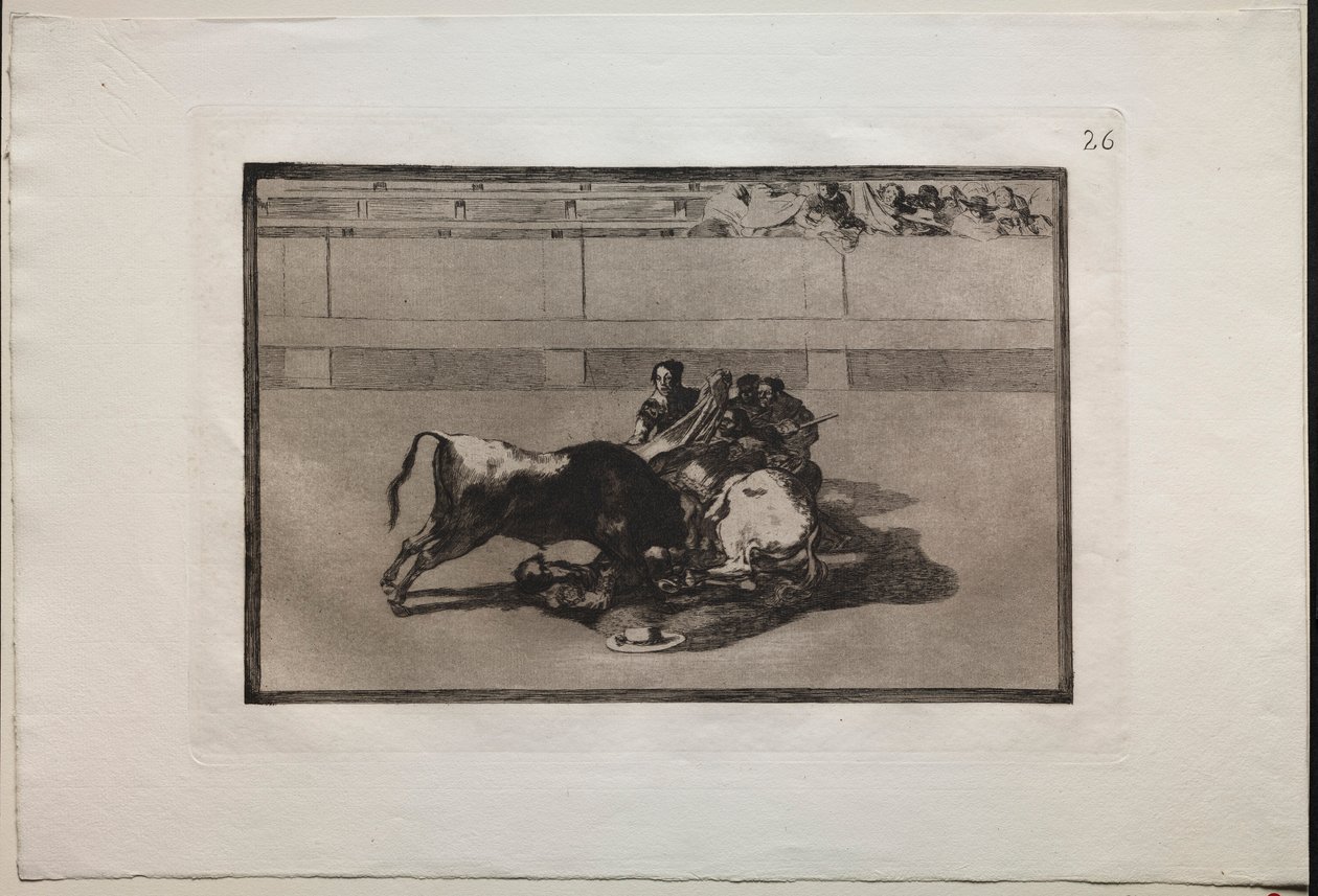 Walki byków: Picador jest pozbawiony koni i spada pod bykiem, 1876. autorstwa Francisco de Goya