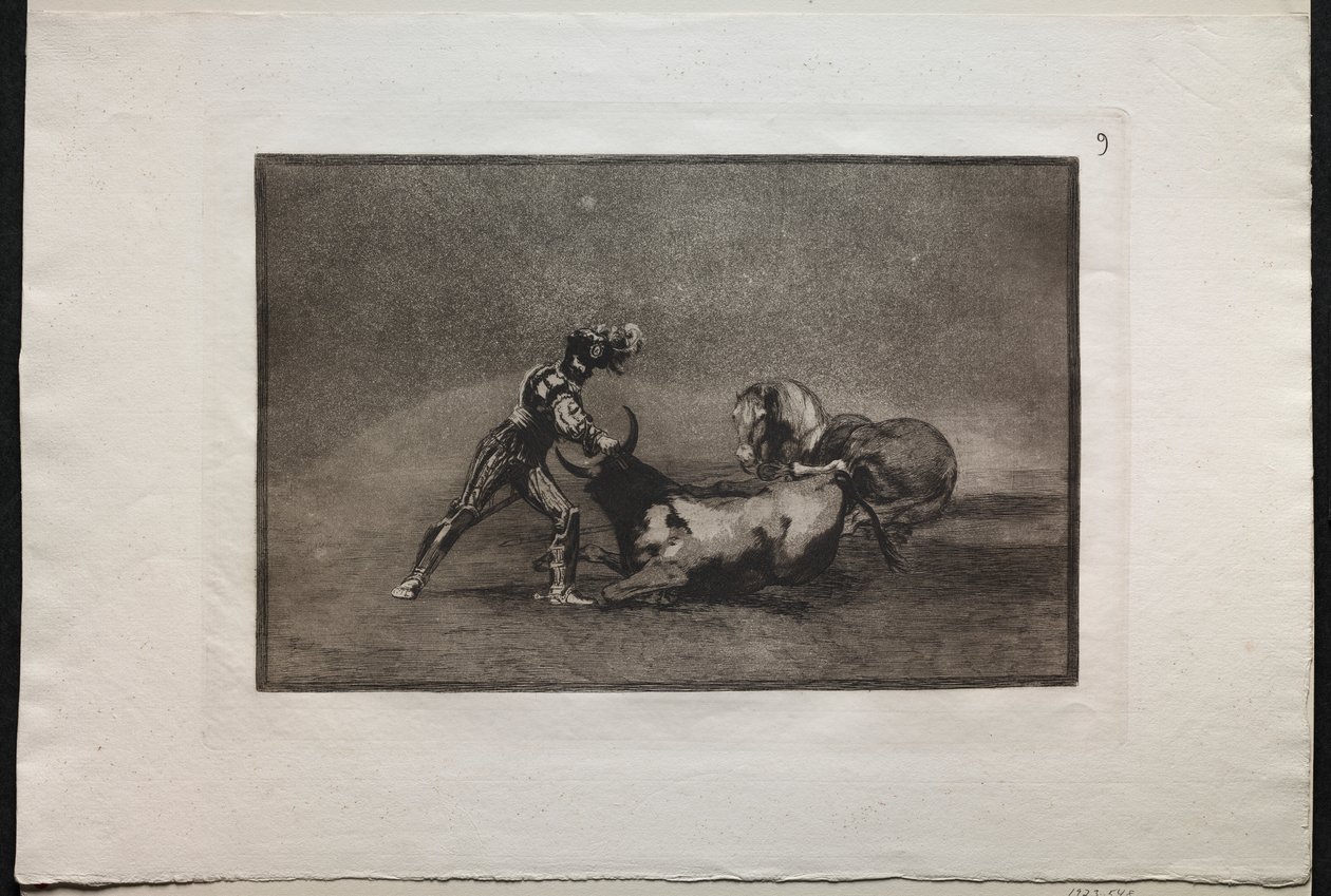 Walki byków: hiszpański rycerz zabija byka po zgubieniu konia autorstwa Francisco de Goya