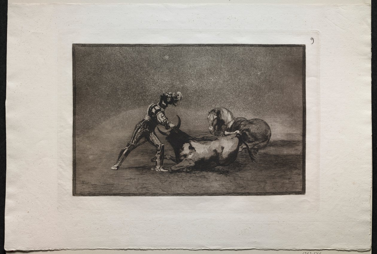 Walki byków: hiszpański rycerz zabija byka po zgubieniu konia, 1876. autorstwa Francisco de Goya