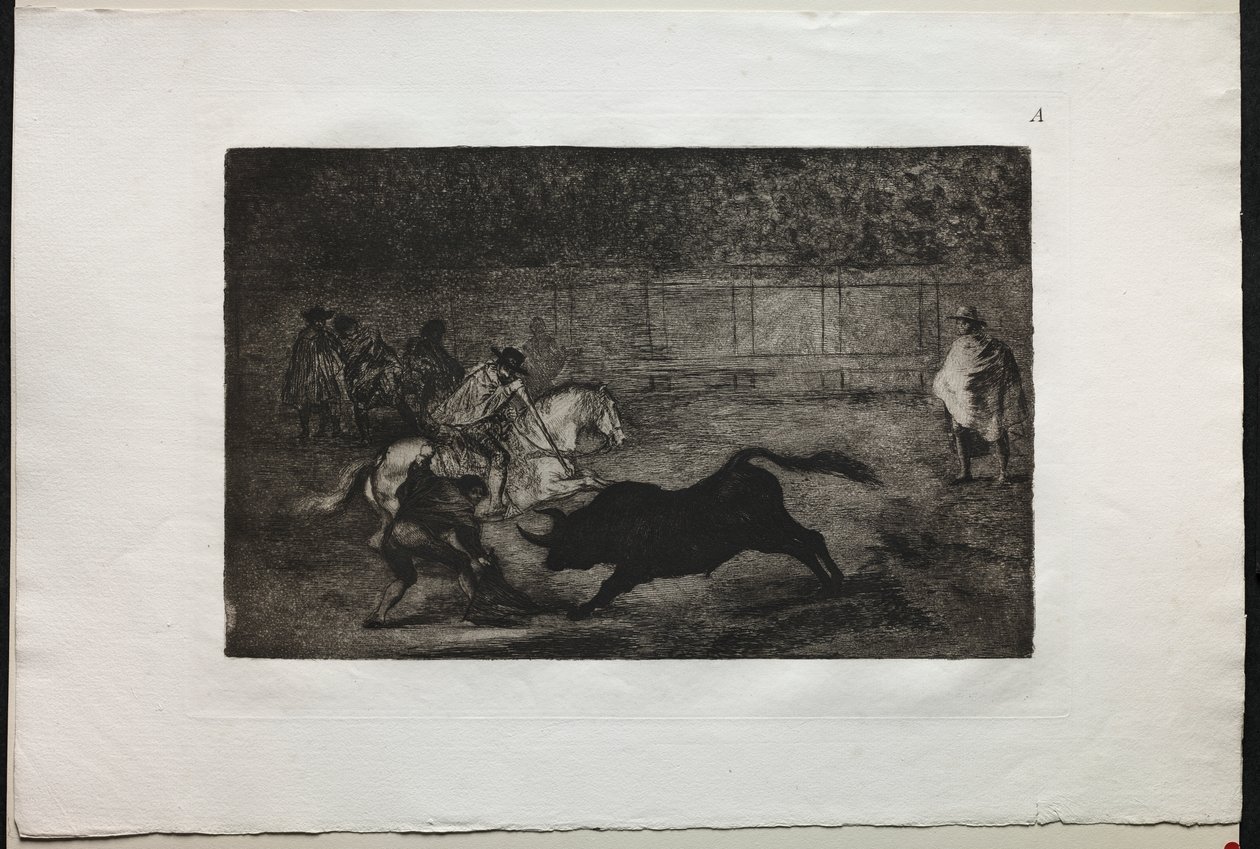 Walki byków: hiszpański rycerz konny łamiący krótkie włócznie z pomocą asystentów autorstwa Francisco de Goya