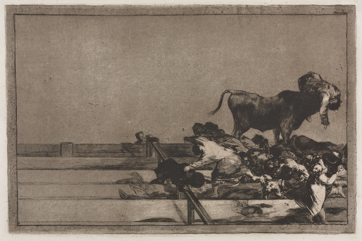 Walki byków: straszne wydarzenia w pierwszych rzędach pierścienia w Madrycie i śmierć burmistrza Torrejon autorstwa Francisco de Goya