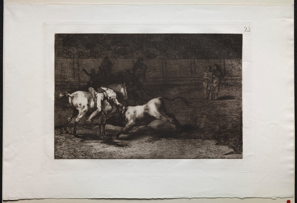 Walki byków: Mariano Ceballos, Indianin Alias, zabija byka ze swojego konia, 1876. autorstwa Francisco de Goya