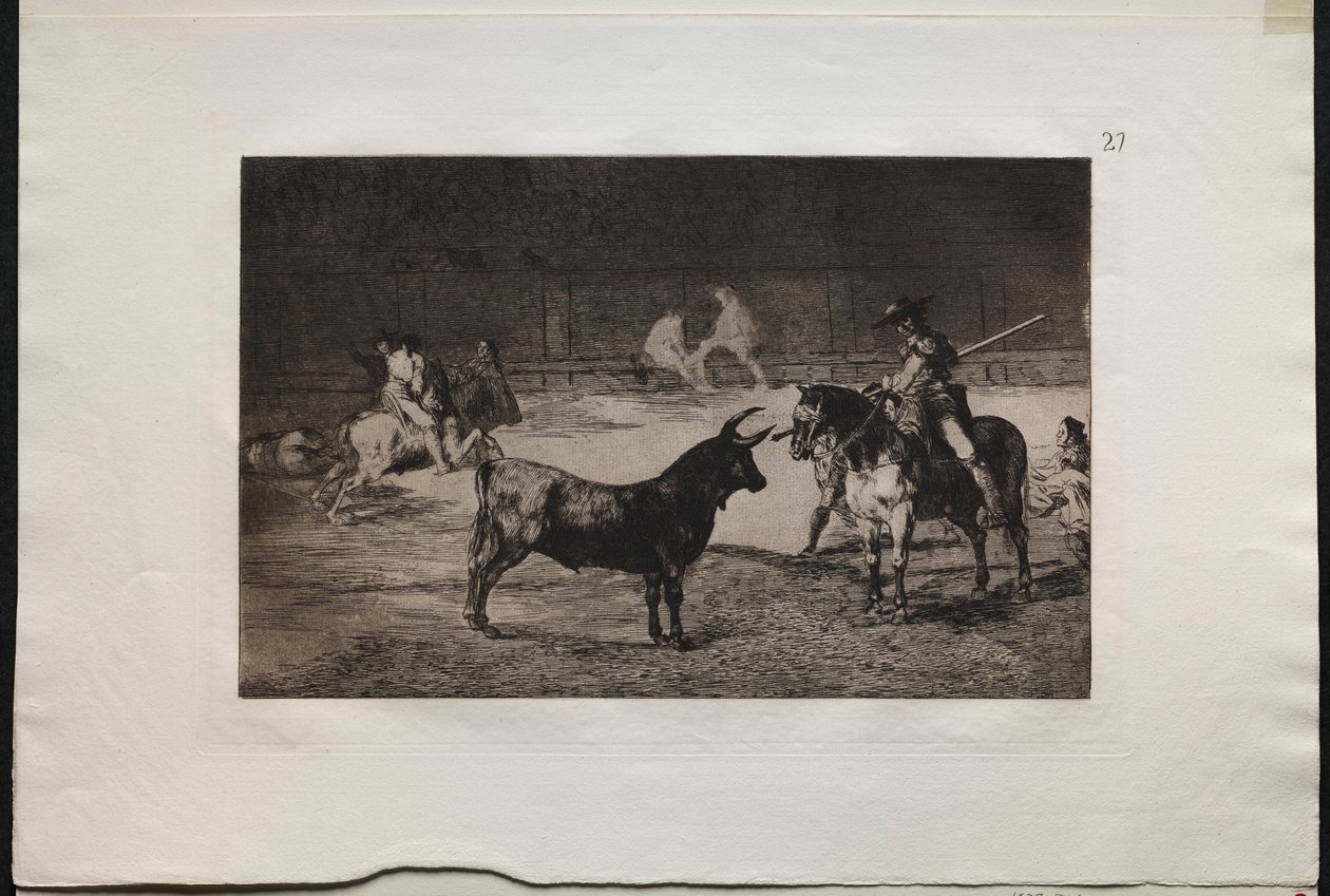 Walki byków: celebrowany Picador, Fernando del Toro, ciągnie zaciekłą bestię w…, 1876 r. autorstwa Francisco de Goya