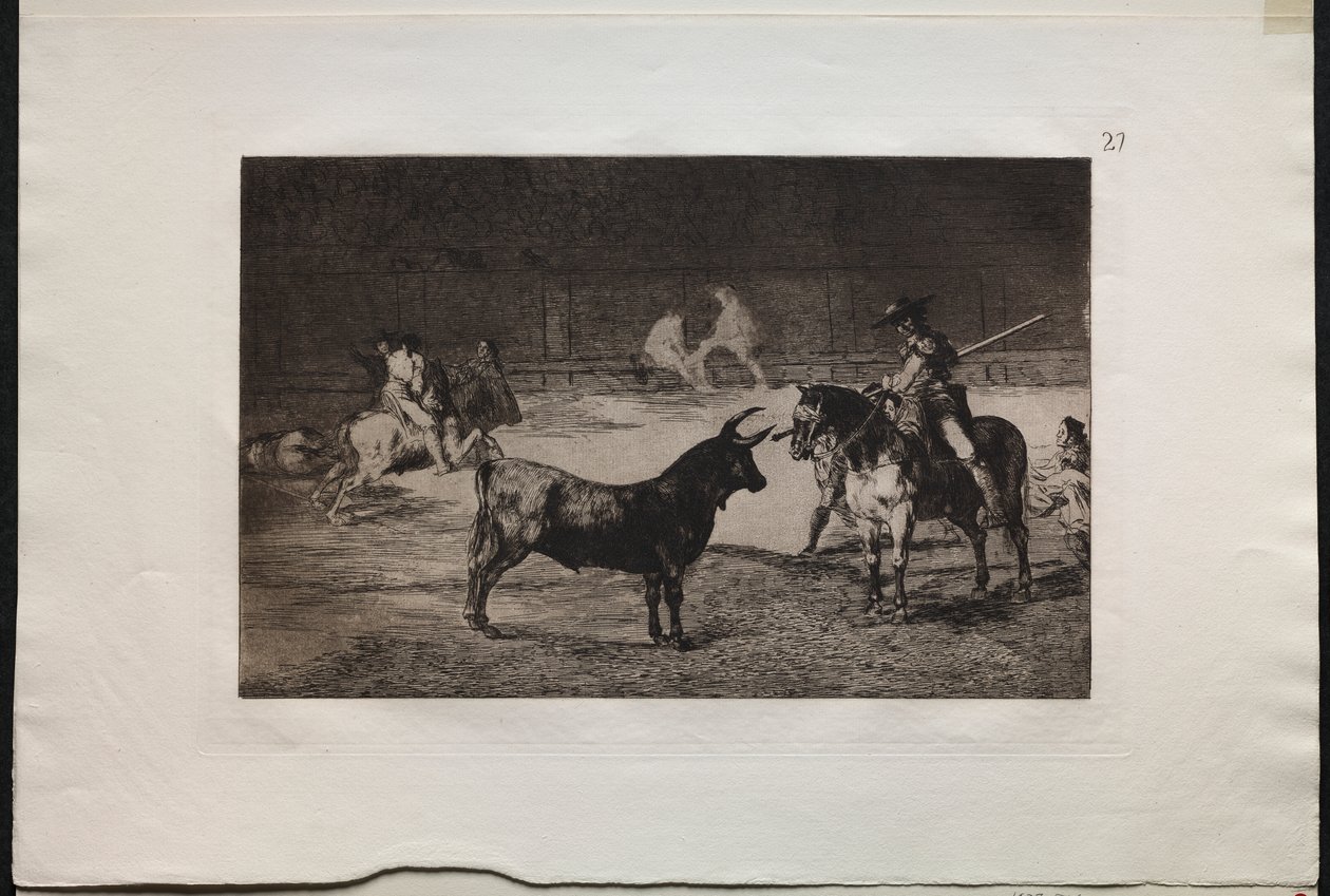 Walki byków: celebrowany Picador, Fernando del Toro, ciągnie zaciekłą bestię swoją piką autorstwa Francisco de Goya