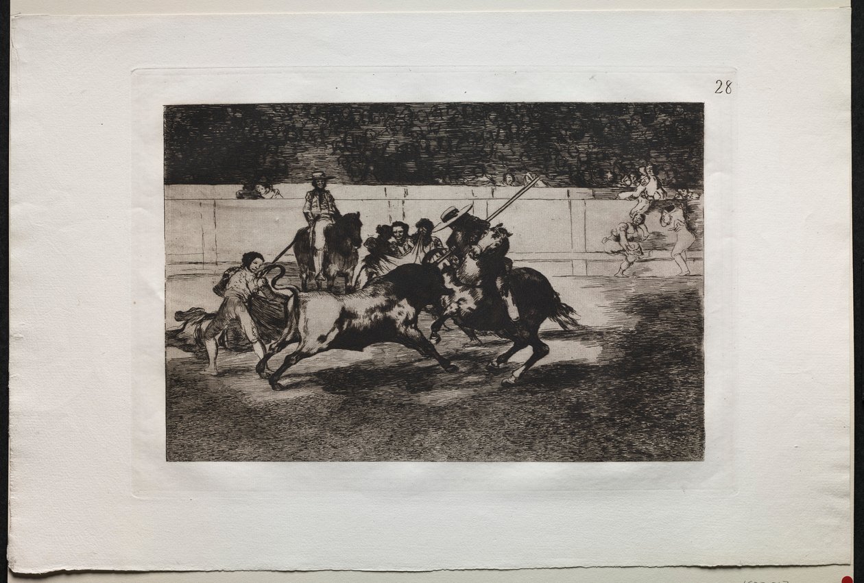 Walki byków: The Forceful Rendon dźga byka za pomocą piku, z którego przełęczy zginął ..., 1876. autorstwa Francisco de Goya