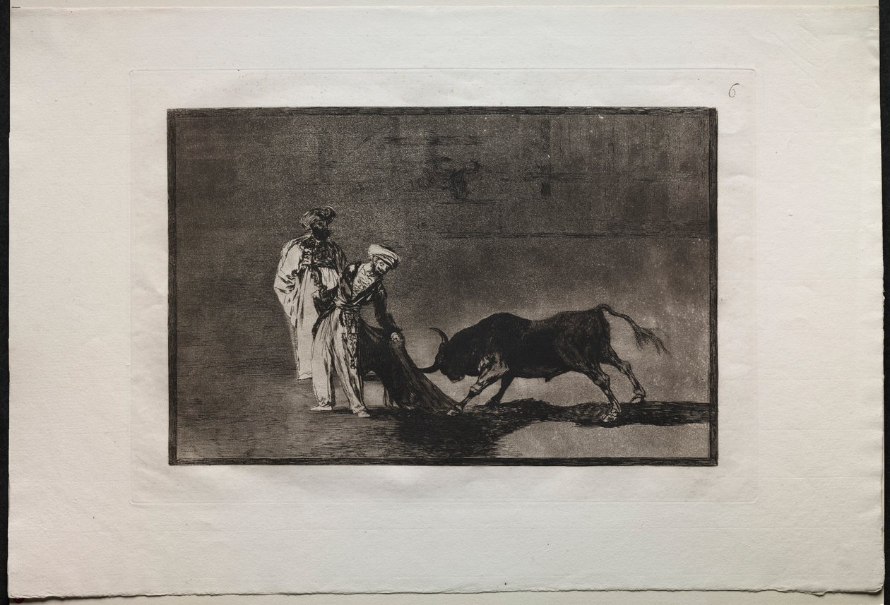 Walki byków: Maurowie odgrywają inną grę na ringu Wzywając byka z Burnous, 1876. autorstwa Francisco de Goya