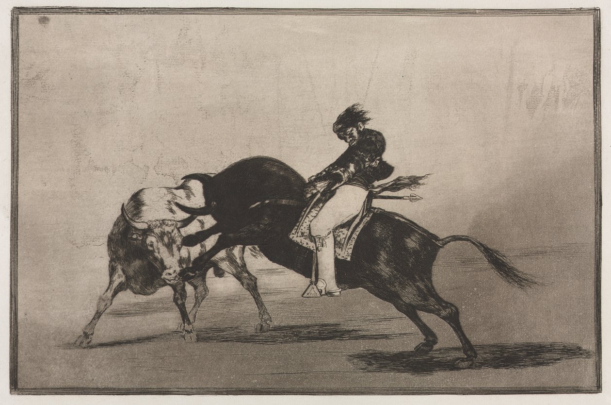 Walki byków: te same ceballos na innym byku łamią krótkie włócznie na ringu w Madrycie autorstwa Francisco de Goya