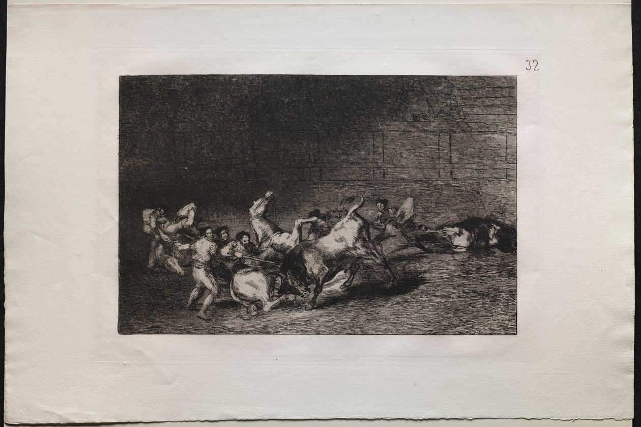 Walki byków: dwie drużyny pikadorów rzucone jeden po drugim przez jednego byka, 1876. autorstwa Francisco de Goya