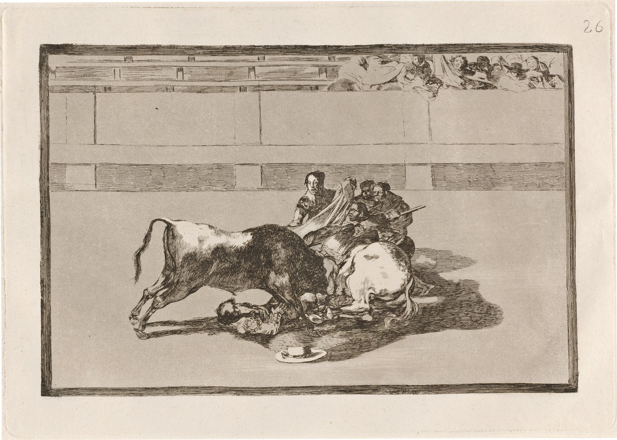 Upadek pikadora z konia pod bykiem (Picador jest bez konia i spada pod bykiem) autorstwa Francisco de Goya