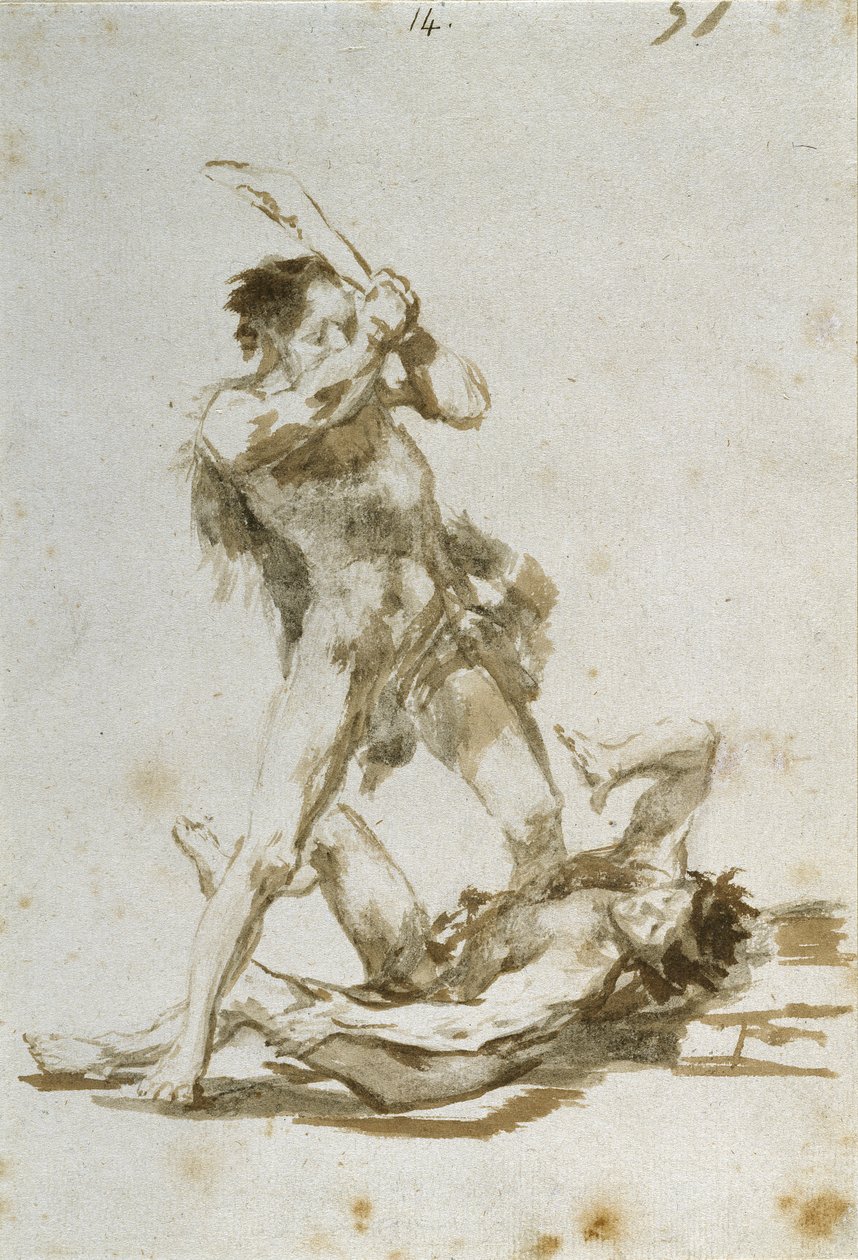 Kain i Abel (mycie pędzlem i brązem na papierze) autorstwa Francisco de Goya