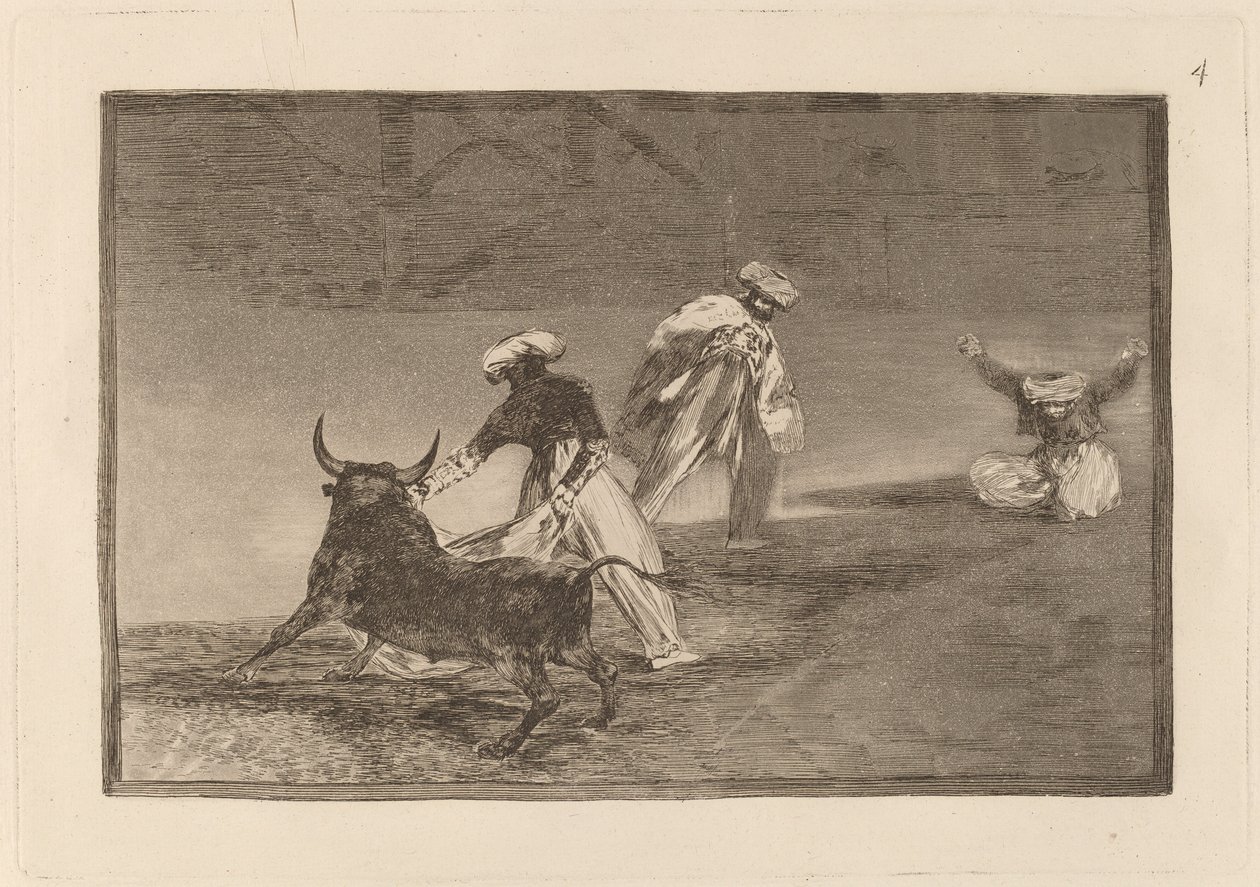 Capean otro encerrado (grają w innego z peleryną w zagrodzie) autorstwa Francisco de Goya