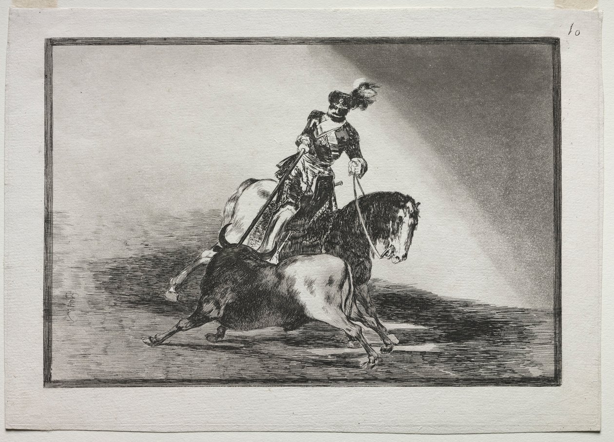 Karol V wbija byka w pierścień w Valladolid, 1815-1816. autorstwa Francisco de Goya