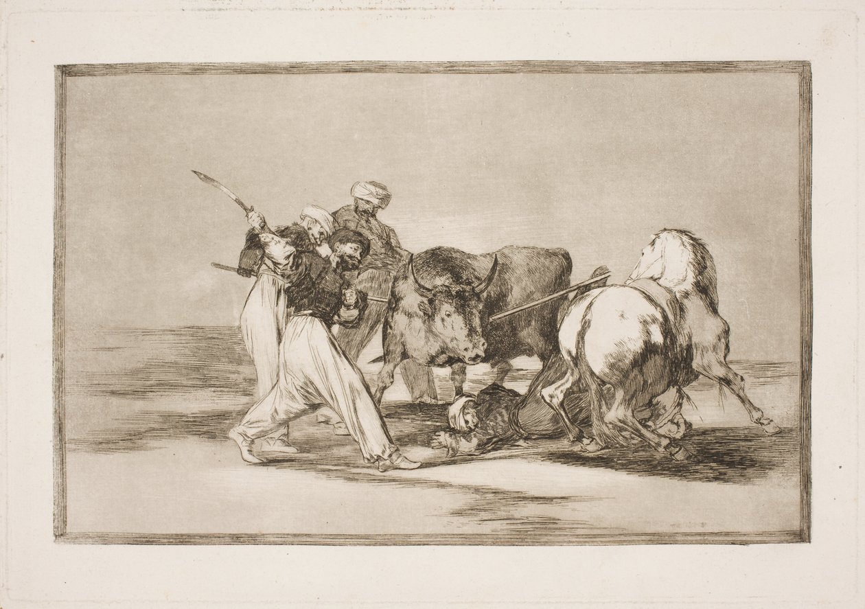Maurowie, którzy osiedlili się w Hiszpanii i porzucili przesądy Koranu, nabyli tę sztukę polowania i nabijania byka na równinie autorstwa Francisco de Goya