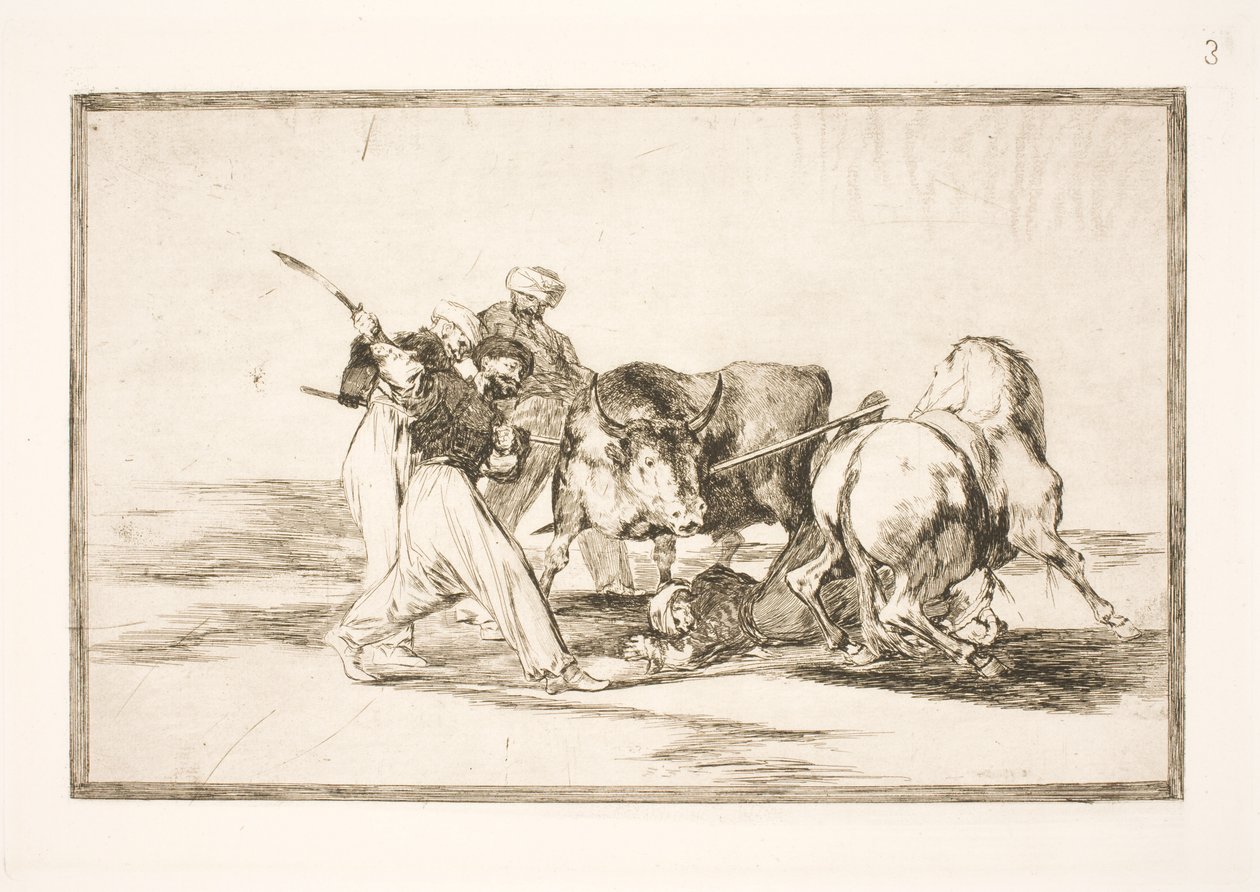 Maurowie, którzy osiedlili się w Hiszpanii i porzucili przesądy Koranu, nabyli tę sztukę polowania i nabijania byka na równinie autorstwa Francisco de Goya