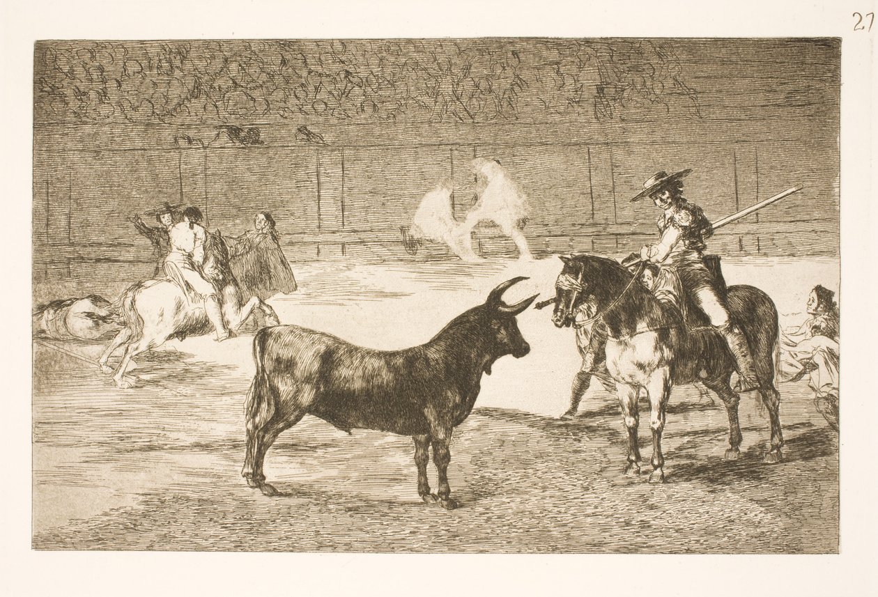 Słynny pikador, Fernando del Toro, prowokuje włócznią byka olme autorstwa Francisco de Goya