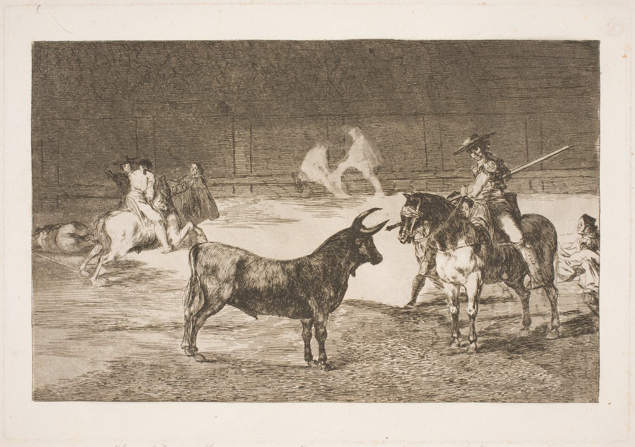 Słynny pikador, Fernando del Toro, prowokuje włócznią byka olme autorstwa Francisco de Goya