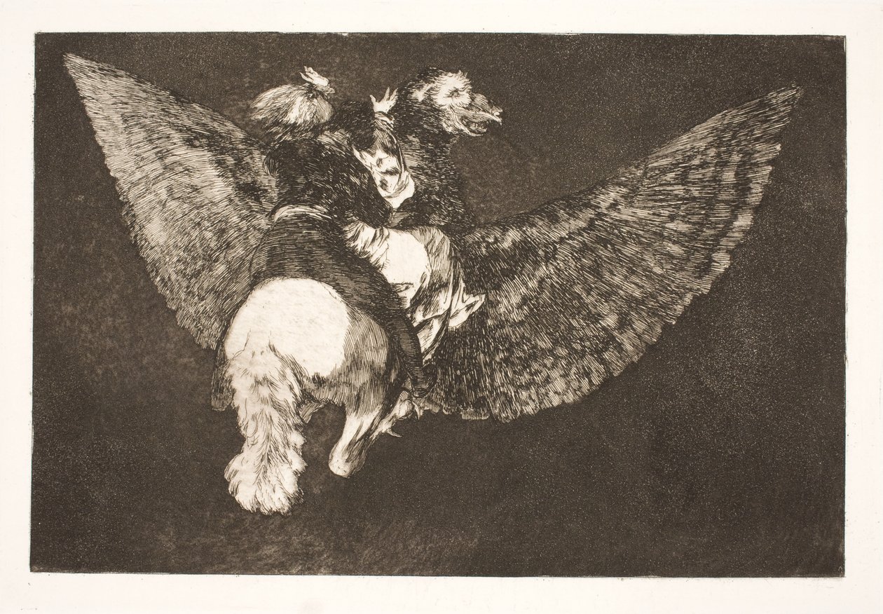 The Flying Folly (Zrezygnuj z przyjaciela, który ukrywa cię pod swoimi skrzydłami i gryzie dziobem) autorstwa Francisco de Goya