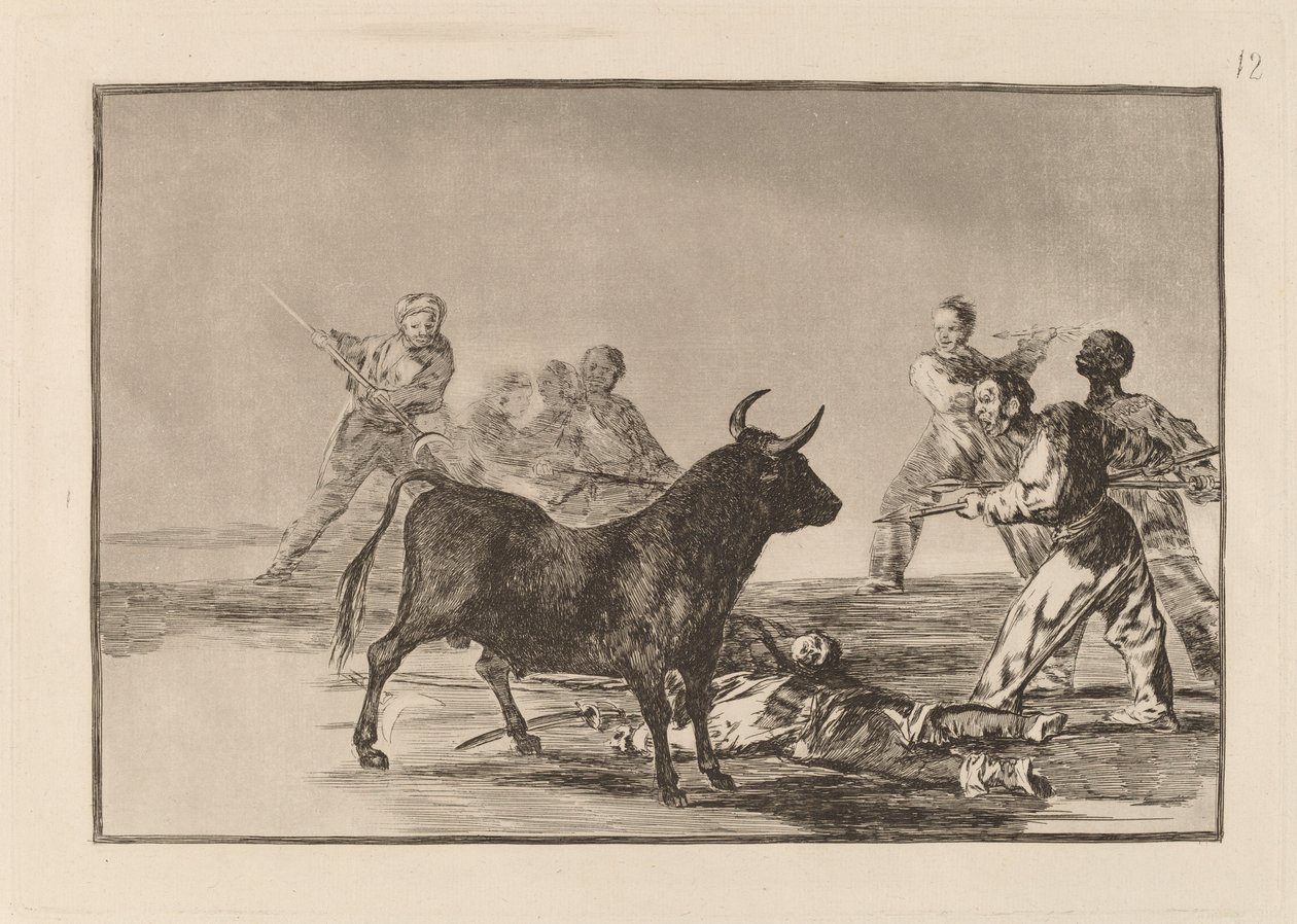 Rabble ścięgno byka z lancami, sierpami, banderillami i innymi ramionami autorstwa Francisco de Goya