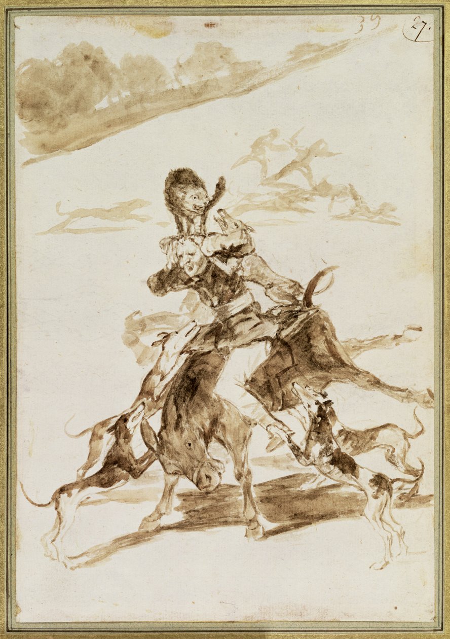 Psy atakujące człowieka na mule (wc na papierze) autorstwa Francisco de Goya