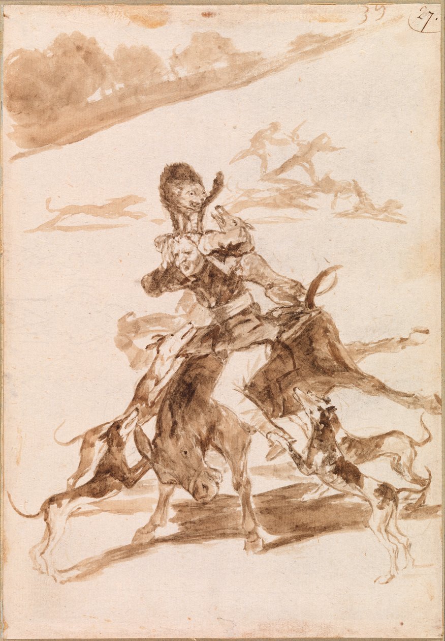 Psy goniące kota za mężczyzną na osiołku autorstwa Francisco de Goya