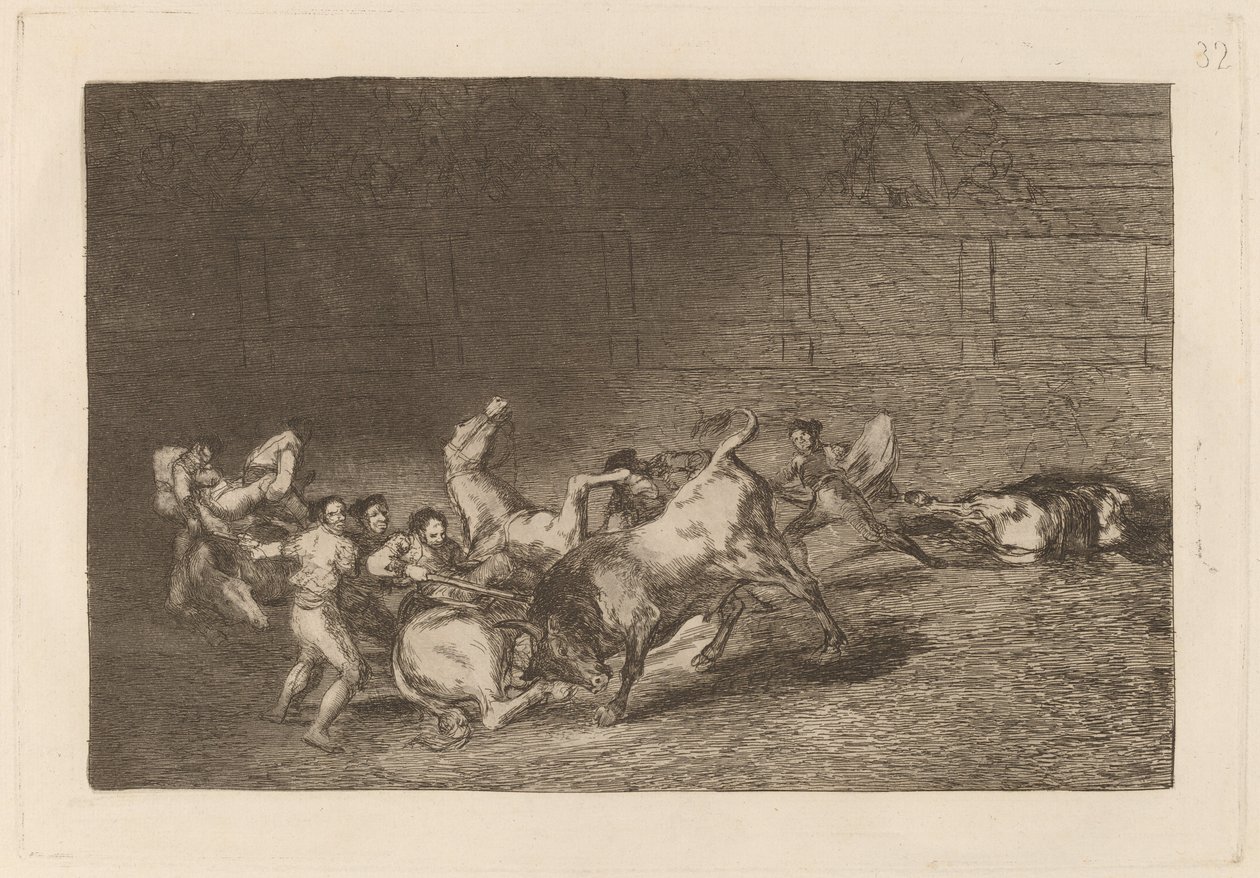 Dwie drużyny pikadorów rzucone jeden po drugim przez jednego byka autorstwa Francisco de Goya