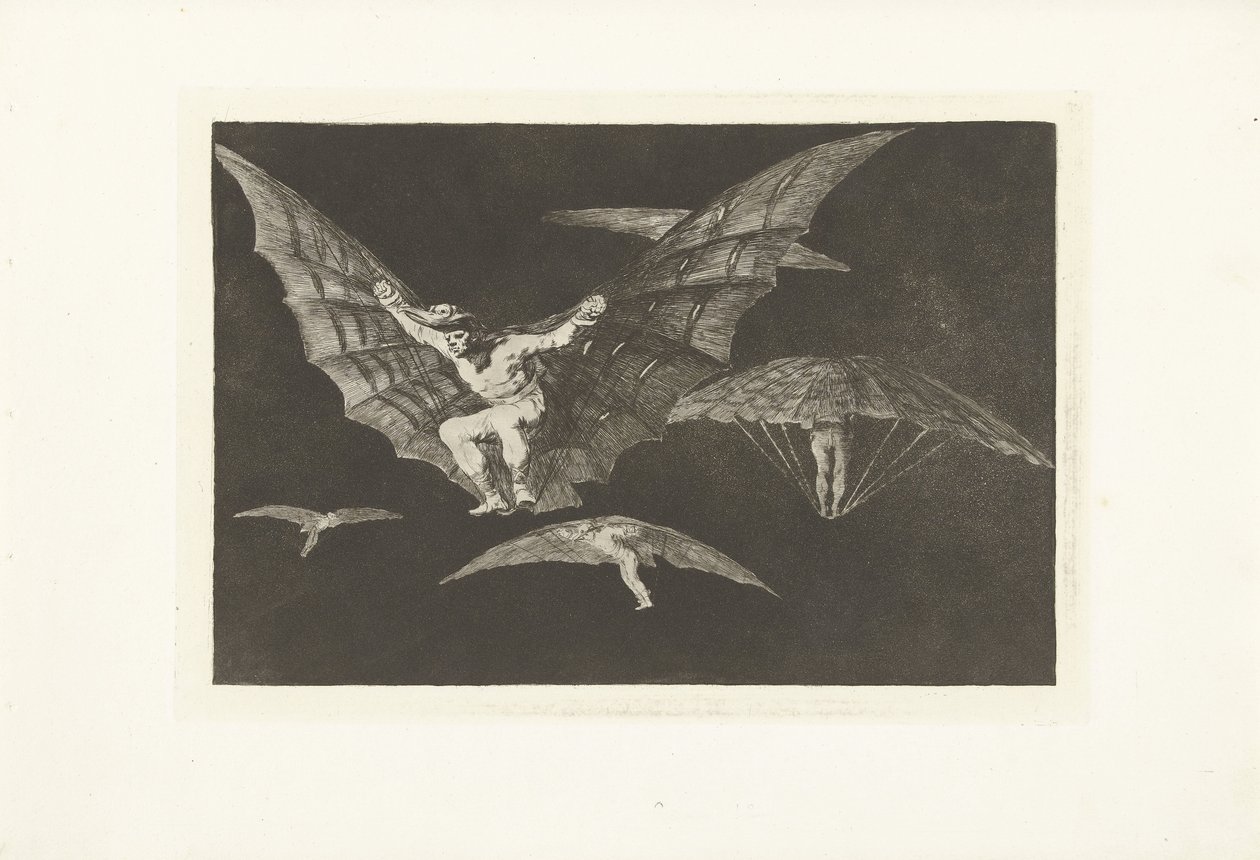 Sposób latania Mono de volar Los Disparates (The Follies) (tytuł serii) Los Proverbios (Przysłowia) (tytuł serii) autorstwa Francisco de Goya