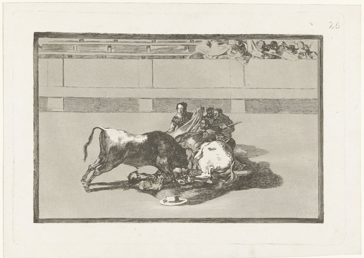 Picador został zrzucony z konia i leży pod bykiem Caida de un picador de su caballo debajo del toro La Tauromaquia (tytuł serii) Walka byków (tytuł serii) autorstwa Francisco de Goya