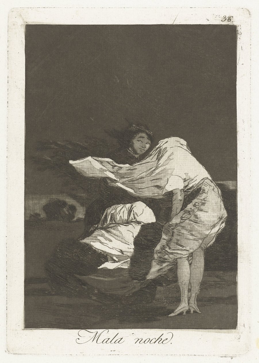 zła noc Mala noche (tytuł na obiekcie) Los Caprichos (tytuł serii) autorstwa Francisco de Goya