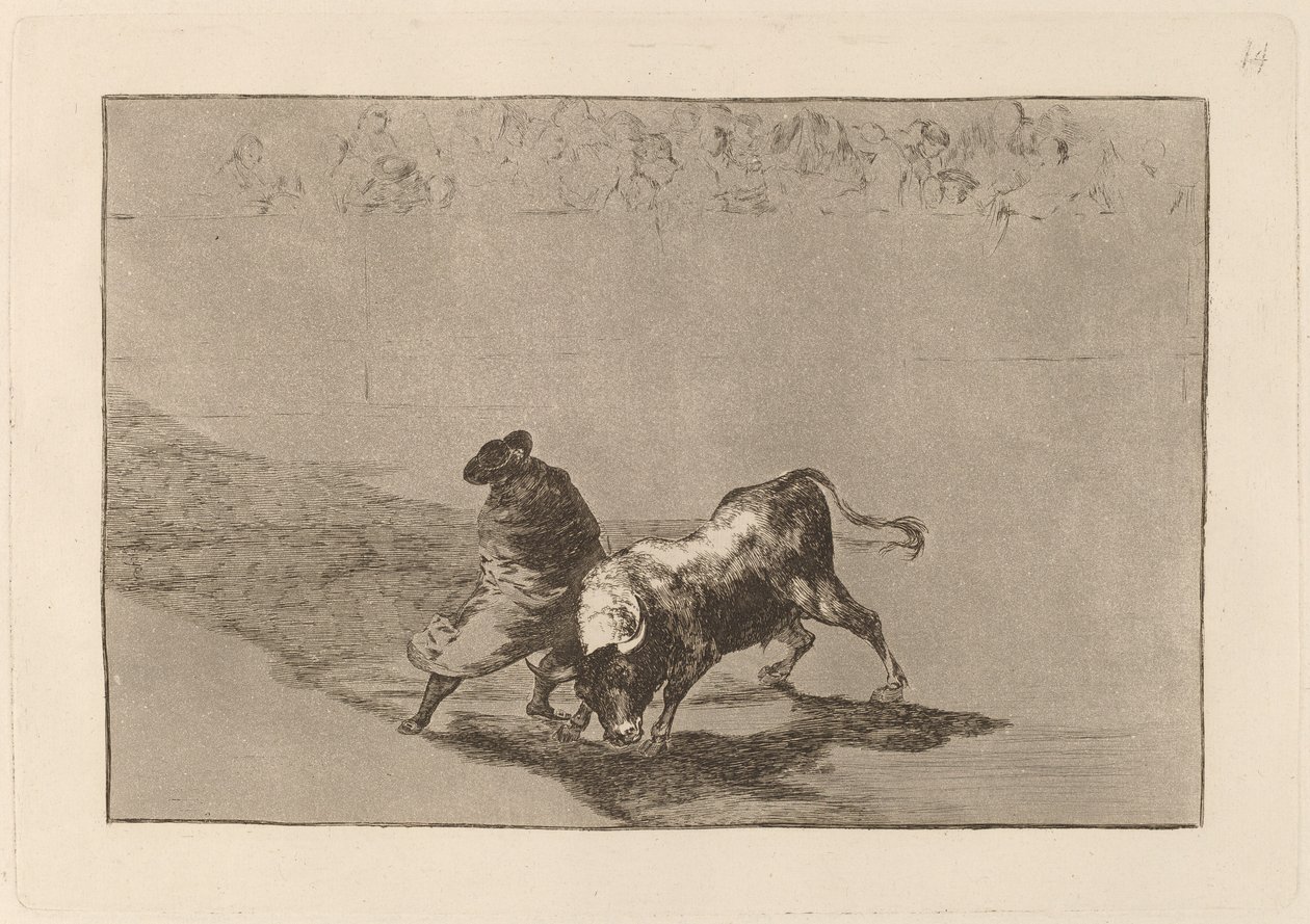 Bardzo zręczny uczeń fałszu, owinięty w pelerynę, oszukuje byka grą swojego ciała autorstwa Francisco de Goya
