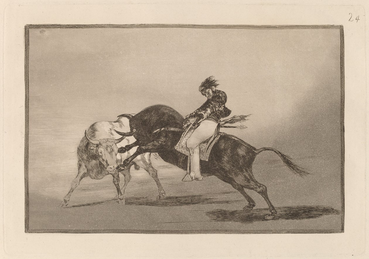 Te same ceballosy na innym byku przebijają Rejones na Plaza de Madrid (Te same ceballosy na innym byku łamią krótkie włócznie na ringu w Madrycie) autorstwa Francisco de Goya
