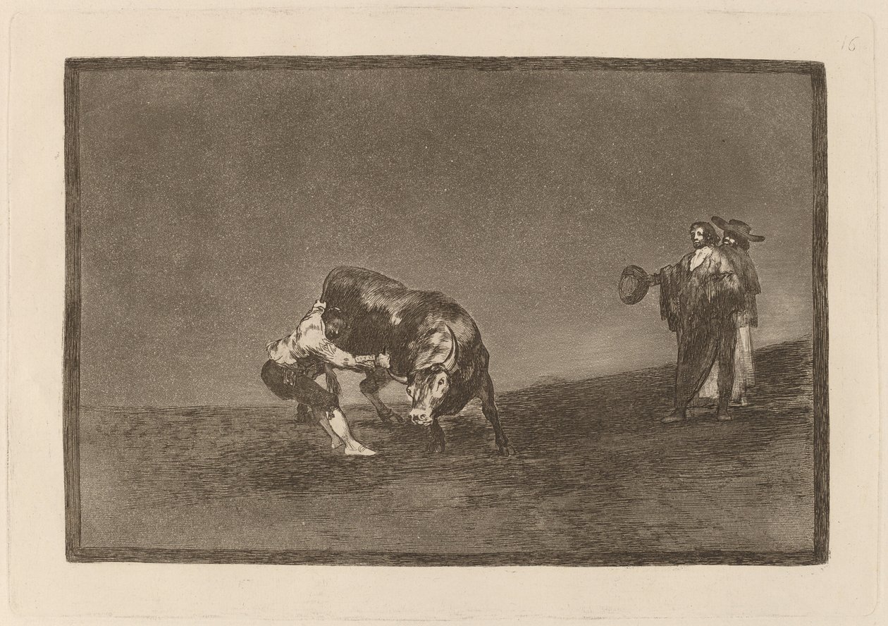 On sam przewraca byka na placu w Madrycie (Ten sam człowiek rzuca bykiem na ring w Madrycie) autorstwa Francisco de Goya