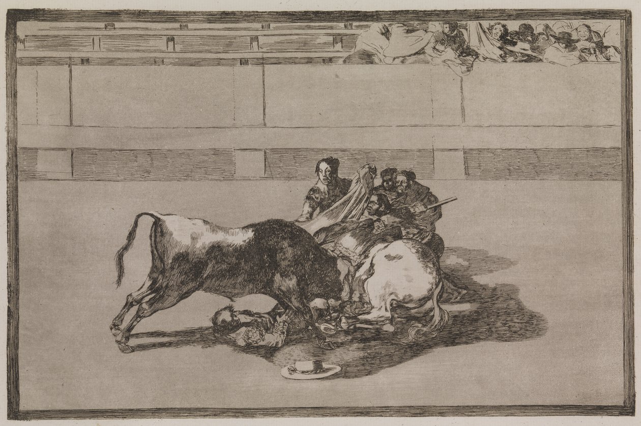 Z konia zrzucany jest pikador i rozbija się pod bykiem autorstwa Francisco de Goya