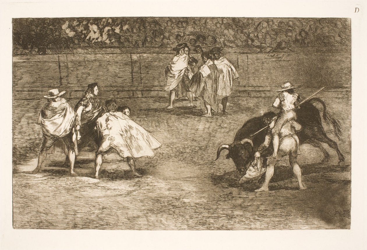 Torreador, siedzący na ramionach pomocnika, krępuje byka autorstwa Francisco de Goya