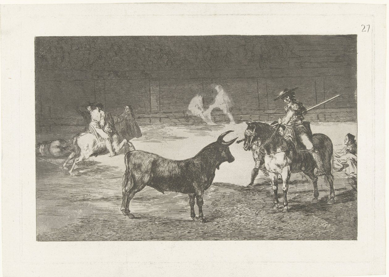 Fernando del Toro daagt een stier uit Słynny Fernando del Toro, barilarguero, wymuszający bestię tyczką Walka byków (tytuł serii) Stierenvechten (tytuł serii) autorstwa Francisco de Goya