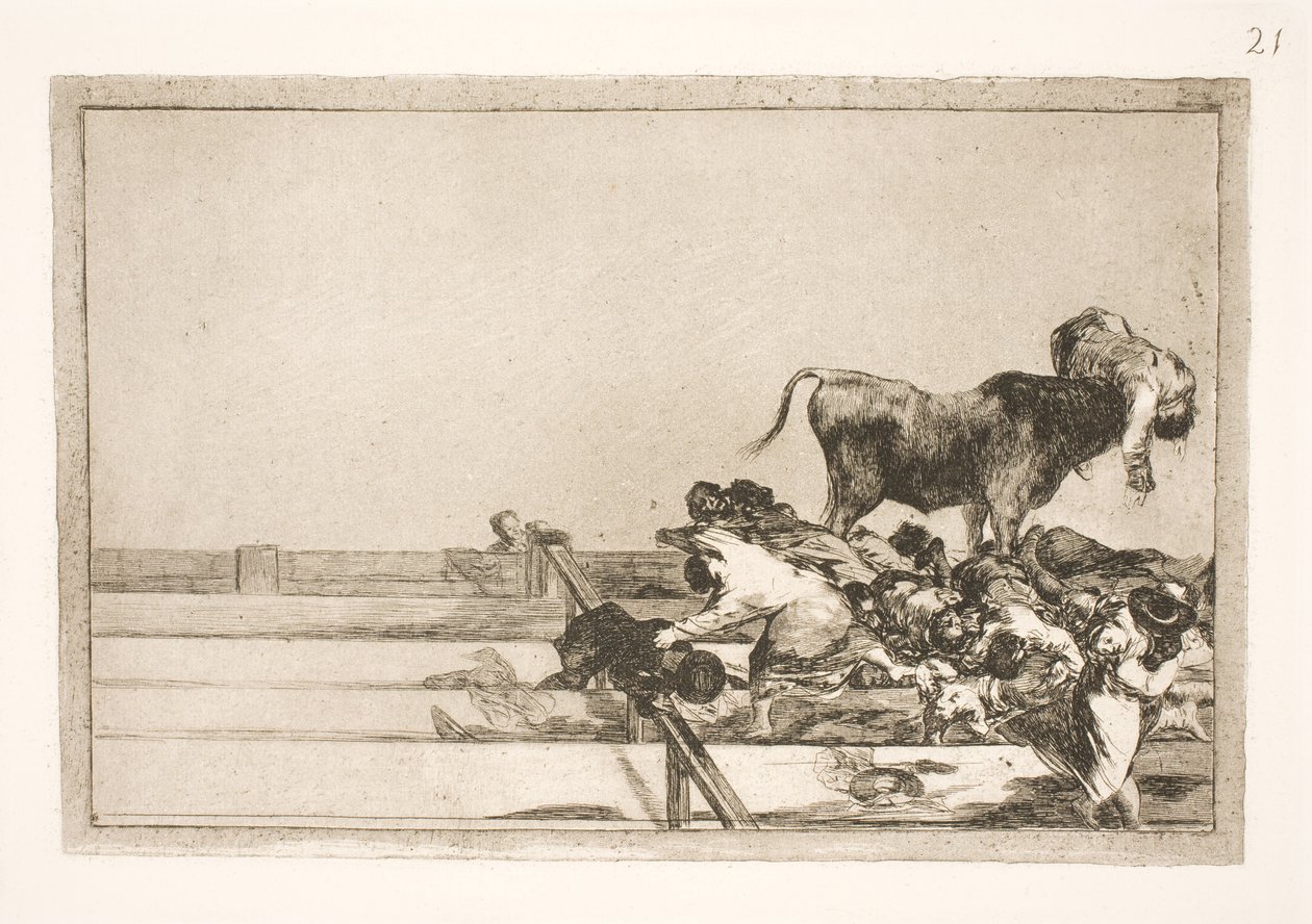 Straszne wydarzenia na frontach areny w Madrycie i śmierć burmistrza Torrejon autorstwa Francisco de Goya