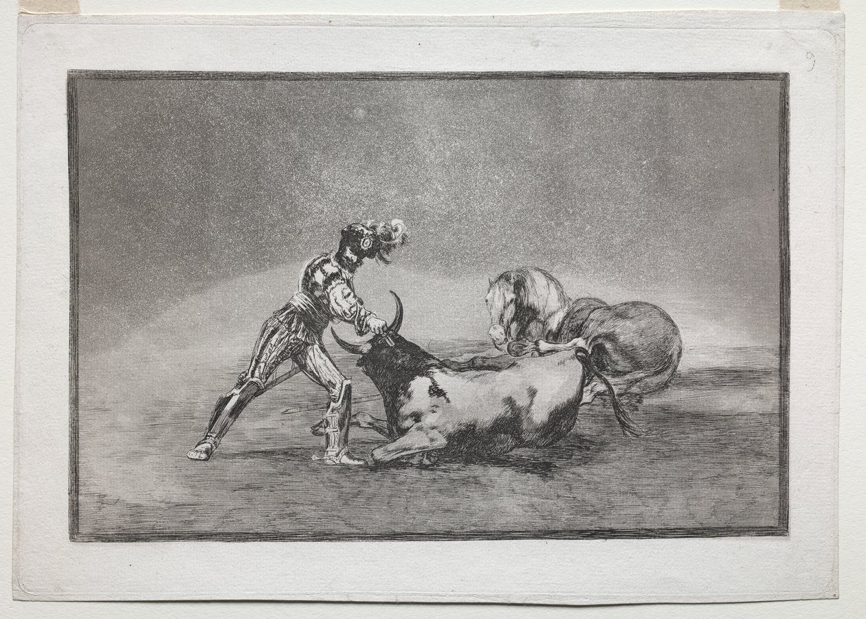 La Tauromaquia: hiszpański rycerz zabija byka po zgubieniu konia autorstwa Francisco de Goya