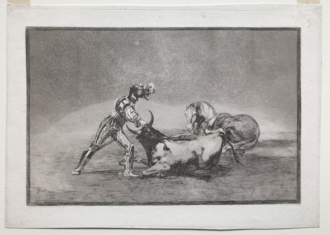 La Tauramaquia: Hiszpański rycerz zabija byka po utracie konia, 1815-1816. autorstwa Francisco de Goya