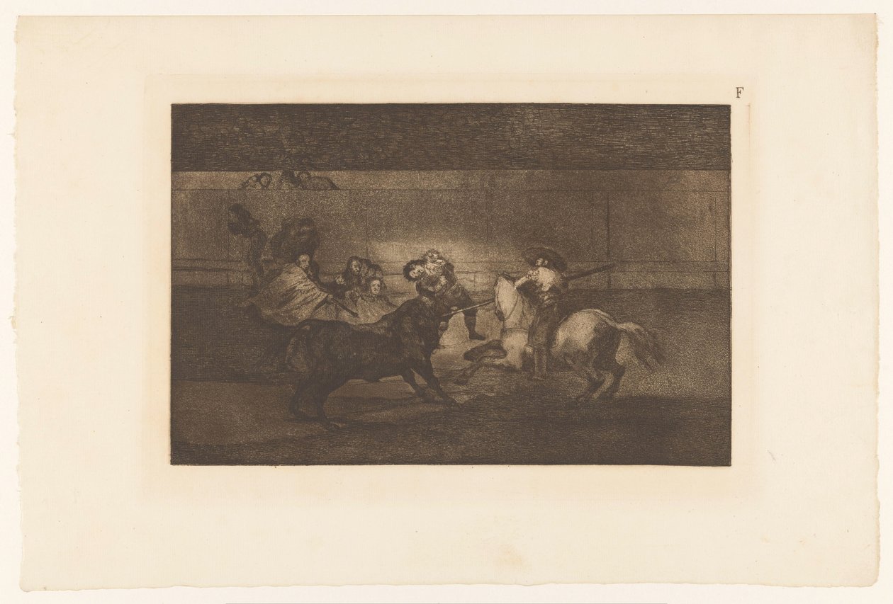 Mężczyzna nadziany na róg byka Mort de Pepe Illo Walki byków (tytuł serii) La Taureaumachie (tytuł serii) La Tauromaquia (tytuł serii) autorstwa Francisco de Goya