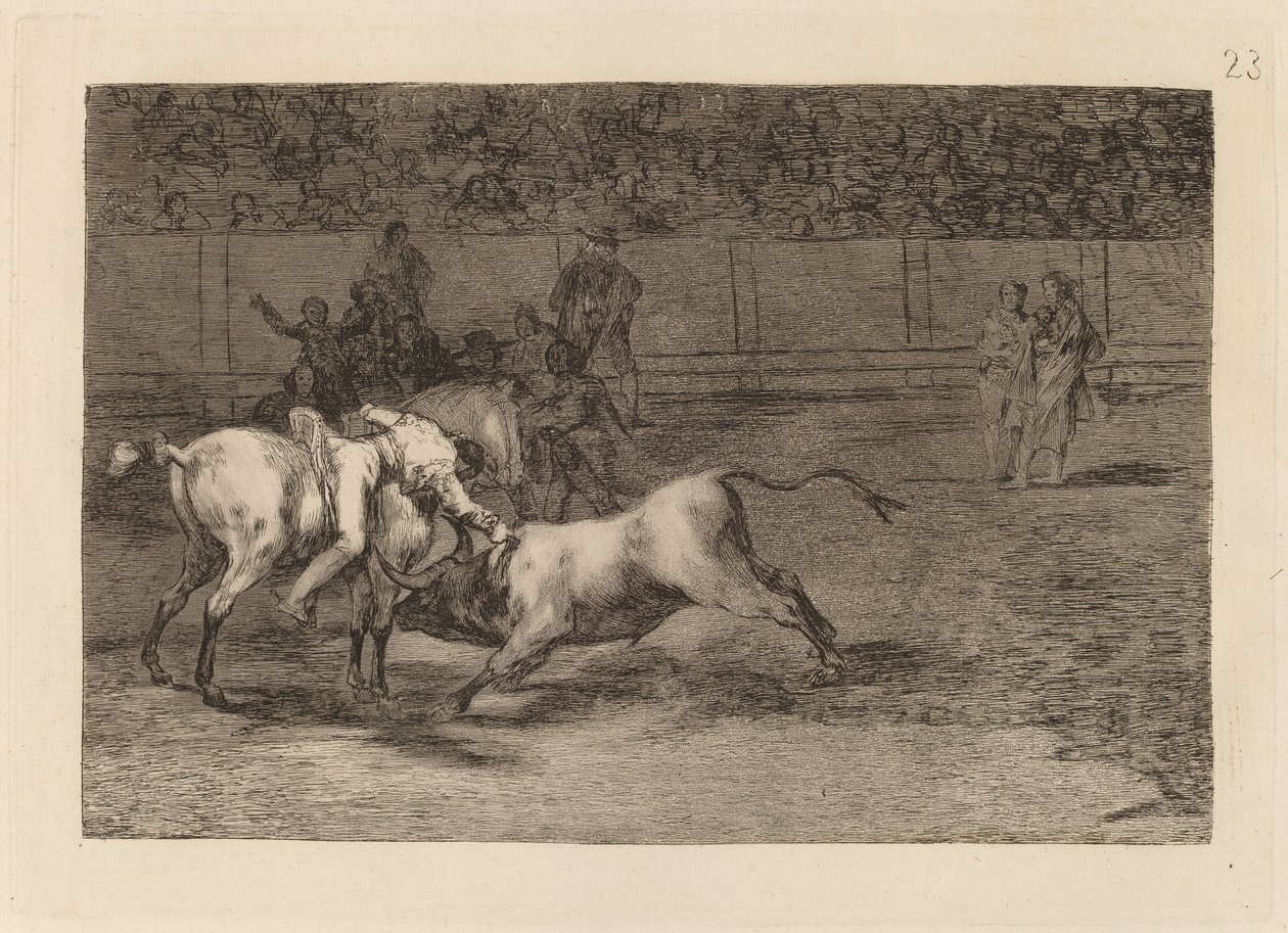 Mariano Ceballos, alias Indianin, zabija byka ze swojego konia (Mariano Ceballos, alias Indianin, zabija byka ze swojego konia) autorstwa Francisco de Goya