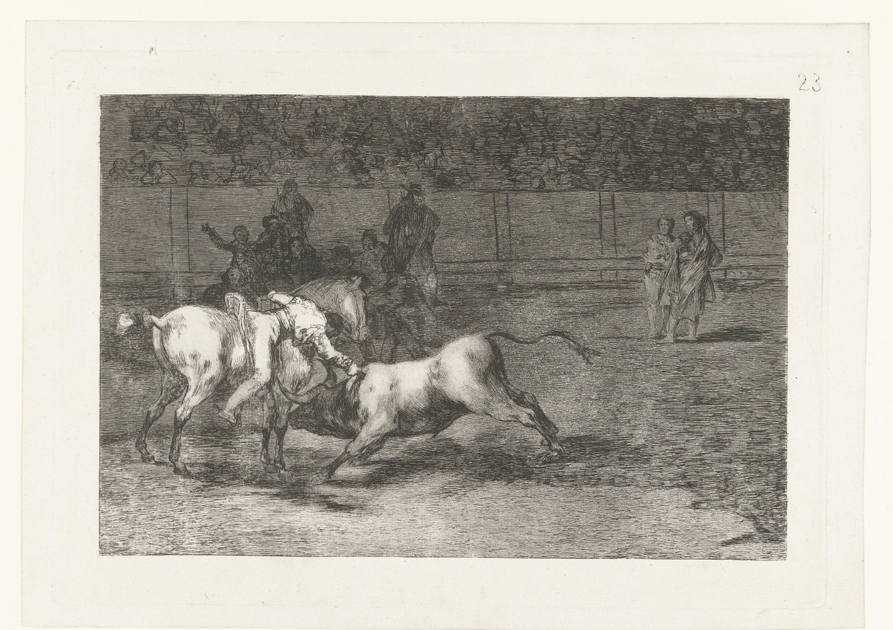 Mariano Ceballos dodt een stier Madriano Ceballos, alias El Indio, zabija byka ze swojego konia Walka byków (tytuł serii) Stierenvechten (tytuł serii) autorstwa Francisco de Goya