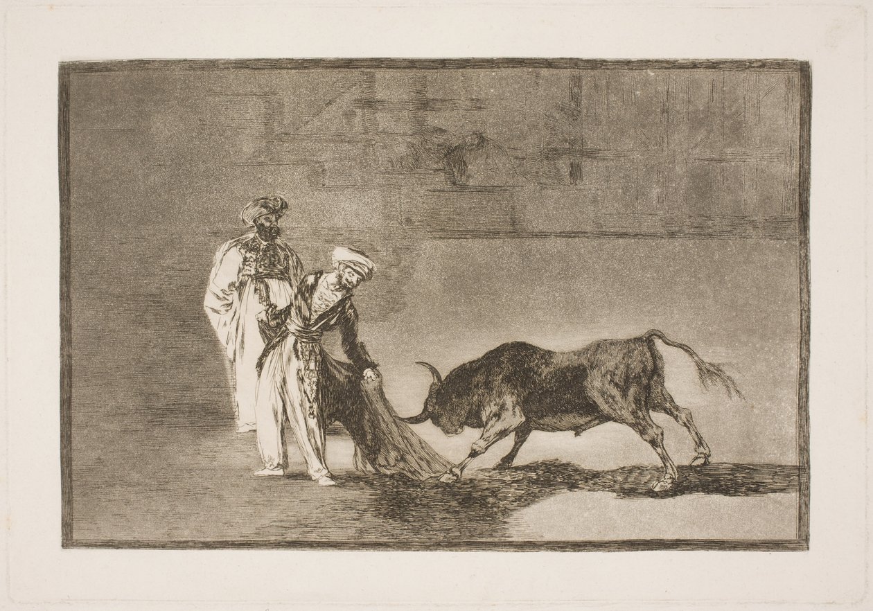 Maurowie na arenie dokładają wszelkich starań, aby zwabić byka za pomocą ich burnusa autorstwa Francisco de Goya