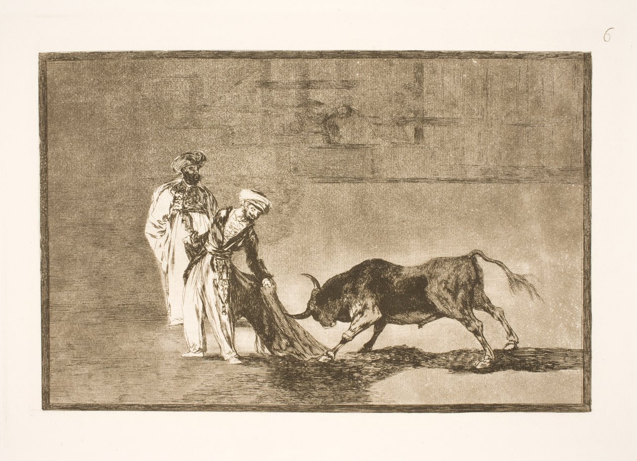 Maurowie wykonują na arenie kolejną sztuczkę, wabiąc do siebie byki swoimi burnusami autorstwa Francisco de Goya
