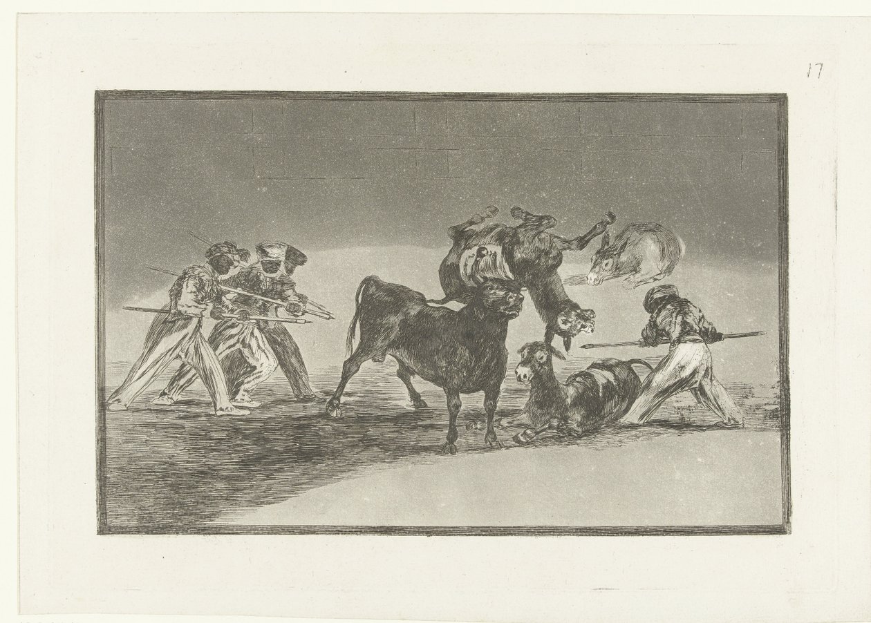 Maurowie i osły walczą z bykiem Palenque de los Moros hecho con burros para defenseerse del toro embolado La Tauromaquia (tytuł serii) Walka byków (tytuł serii) autorstwa Francisco de Goya