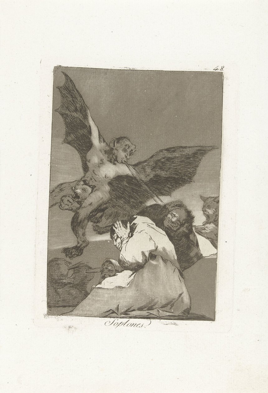 Oorblazery Soplones (tytuł na obiekcie) Los Caprichos (tytuł serii) autorstwa Francisco de Goya