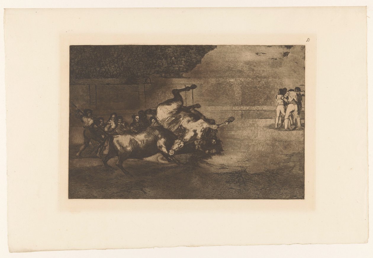 Koń przewrócony przez byka Cheval renverse par un taureau Walki byków (tytuł serii) La Taureaumachie (tytuł serii) La Tauromaquia (tytuł serii) autorstwa Francisco de Goya